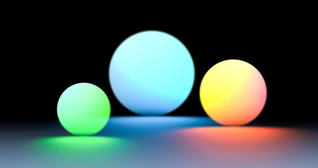 Neon colorful balls on the surface. Glowing neon round shapes, abstract wallpaper. 3D render