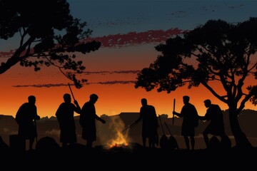 Fototapeta na wymiar Flickers of History: Silhouetted Roman Legionnaires Around Castra Campfires, Unraveling the Layers of Daily Campaign Experiences Generative AI