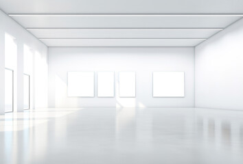 Empty white room in art gallery with canvas with transparent background for copy space display