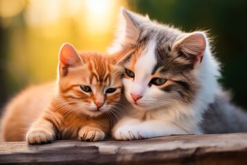 Fototapeta premium Mom cat with his baby kitten sitting outside over wooden bench