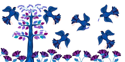 Beautiful fabulous birds peck berries from a fairy tree. Illustration in blue tones on a white background.