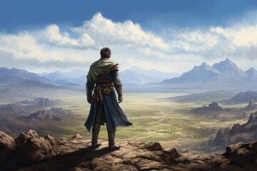 Uncharted Vistas: Legionnaire's Rear View Observing Vast Terrains, Portraying the Intrepid Nature of Their Extensive Expeditions Generative AI