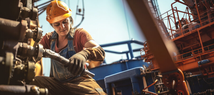 A skilled female worker carries out restoration tasks on a hydrocarbon platform in the sea on a sunny day,copy space