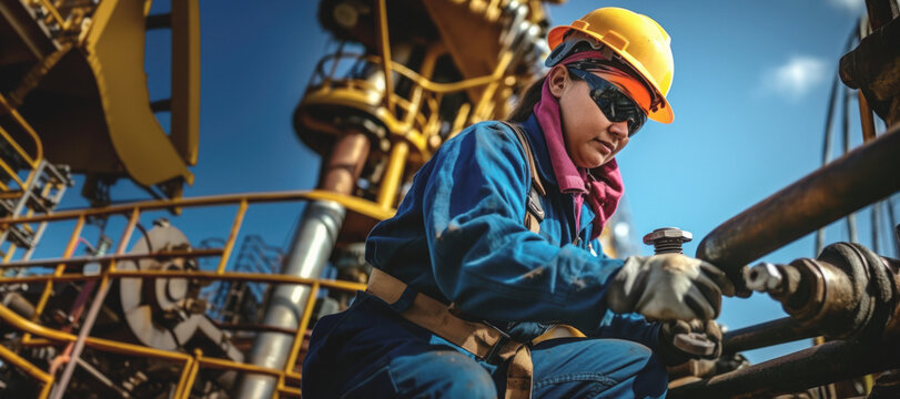 A female employee equipped with safety attire performs restoration work on an oceanic oil structure on a sunny day.copy space