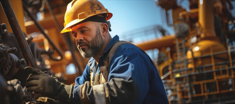 An equipped worker carries out improvement tasks on an oceanic oil platform on a sunny day.copy space