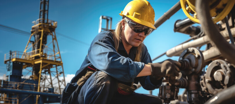 A female employee equipped with safety attire performs restoration work on an oceanic oil structure on a sunny day.copy space