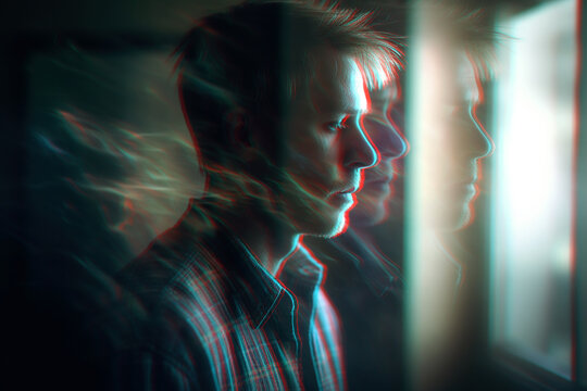 Portrait of sad man with mental disorders and paranoia in depression and stress. Generative AI