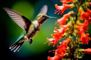Fototapeta na wymiar Bright shiny hummingbird in flight and a branch of pink flowers