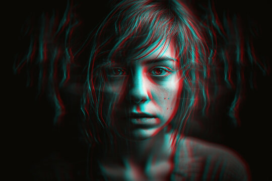 woman with mental disorders and paranoia in depression and stress. Black and white with 3D glitch virtual reality effect. Generative AI