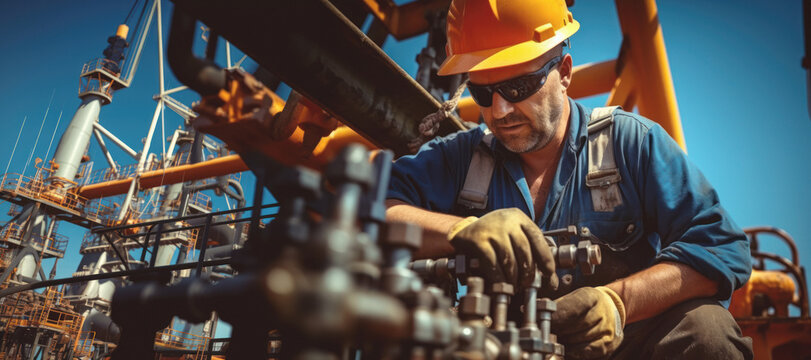 A maintenance-specialized technician is focused on carrying out repair tasks at an oil plant on a sunny day.copy space