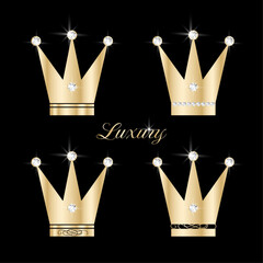 Set collection of golden crowns with diamonds 