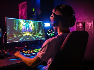 Handsome gamer guy gaming on his pc computer console with keyboard mouse and headphones in front of multiple monitor. Sitting on a chair in his gaming room with rgb led lights. Advertising banner