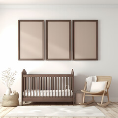 Brown inspired nursery room, 3 blank white wall frames. Created with generative AI
