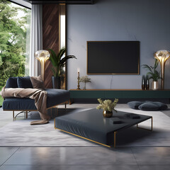 Interior design of modern living room with sofa, chairs, coffee table. Luxury, Hollywood. Created with generative AI