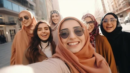 Fotobehang selfie portrait of a muslim arabic woman women wearing sunglasses in a big city © PiTeRoVs