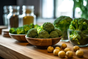 Broccoli naturally lit in a boho style. Scene on a wooden kitchen countertop. - obrazy, fototapety, plakaty