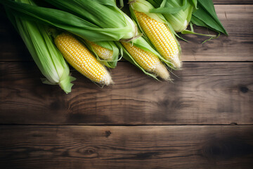 Corn naturally lit in a boho style. Scene on a wooden kitchen countertop.