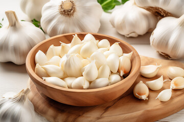 Garlic on a wooden kitchen counter. Naturally lit surroundings in boho style.