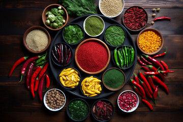 Different types of peppers and spices seen from above on a wooden kitchen counter. Naturally lit surroundings in boho style.