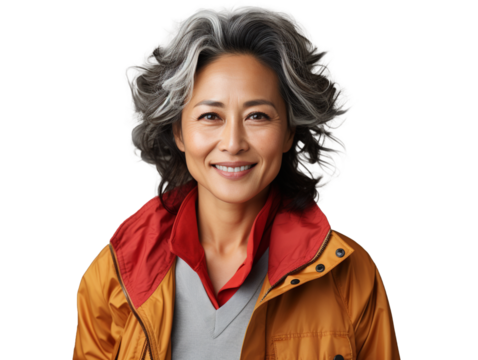 Portrait of a Smiling Asian Business Woman middle age 50s 40s with natural makeup clean face, colorful clothes, isolated, png, Canva