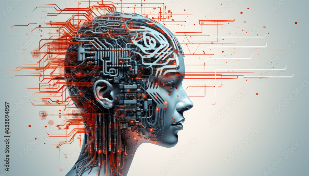 Wall mural abstract digital cyborg face. artificial intelligence concept. future head data network technology