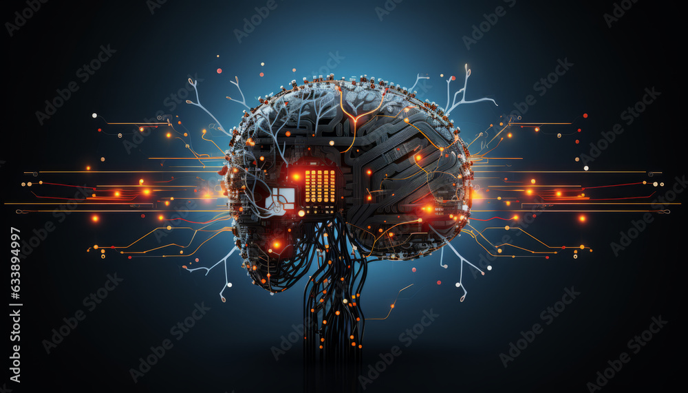 Wall mural abstract digital cyborg face. artificial intelligence concept. future head data network technology