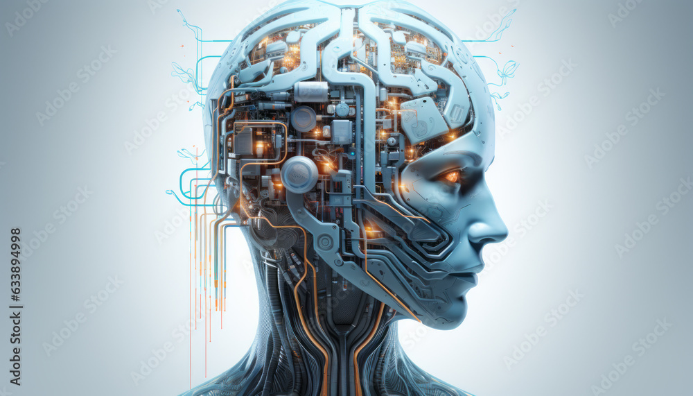 Wall mural abstract digital cyborg face. artificial intelligence concept. future head data network technology