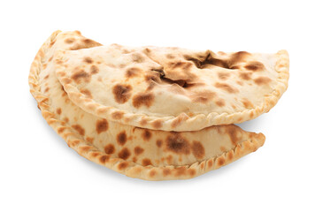 Two delicious calzones on white background, above view