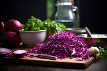 Red cabbage on a wooden kitchen counter. Naturally lit surroundings in boho style.