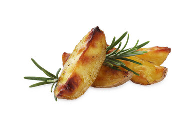Tasty baked potato and aromatic rosemary on white background