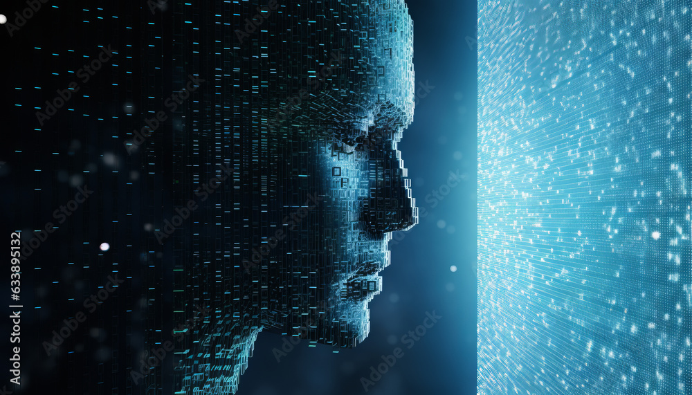 Wall mural abstract digital cyborg face. artificial intelligence concept. future head data network technology