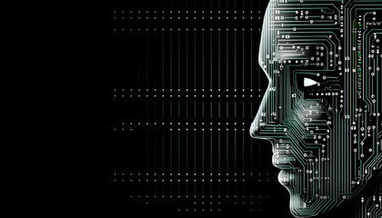 Abstract digital cyborg face. Artificial intelligence concept. Future Head Data Network Technology