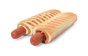 Tasty french hot dogs with different sauces on white background