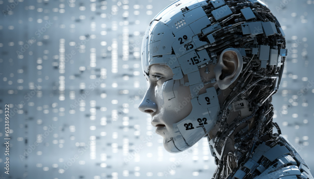 Wall mural abstract digital cyborg face. artificial intelligence concept. future head data network technology