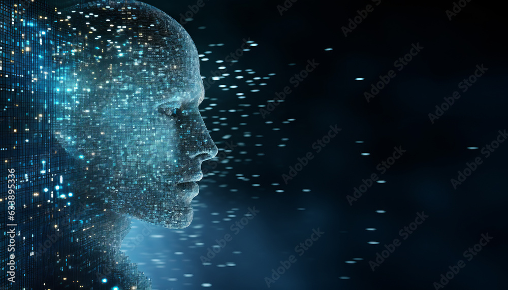Wall mural abstract digital cyborg face. artificial intelligence concept. future head data network technology