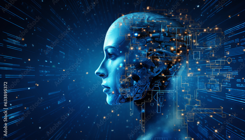 Wall mural abstract digital cyborg face. artificial intelligence concept. future head data network technology