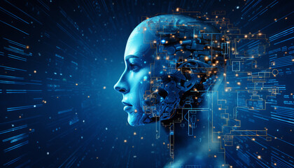 Abstract digital cyborg face. Artificial intelligence concept. Future Head Data Network Technology