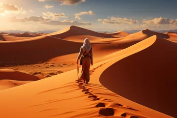 Foto op Canvas Desert's Whisper: From a Distance, an Explorer Walking on the Infinite Sands with Shifting Dunes, Echoing the Vastness and Solitary Quest Generative AI © furyon