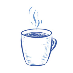 Hand Drawn Doodle Style Hot Coffee or Tea Mug Illustration. Doodle Style cup Design Element with Flying Steam. Hot Drink Mug Illustration. Blue Pen Artwork. Steaming Hot Cup Illustration.