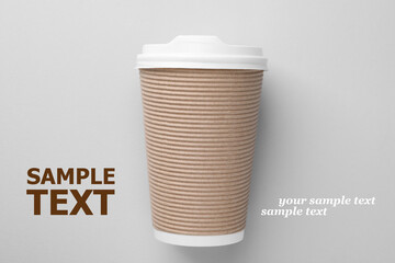 Coffee to go. Paper cup with plastic lid on light gray background, top view. Design with space for your text