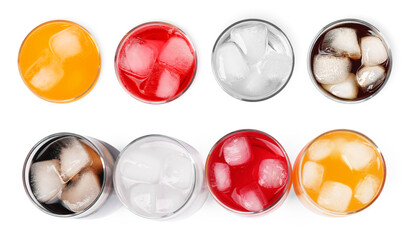 Set of tasty refreshing soda drinks with ice cubes on white background, top view