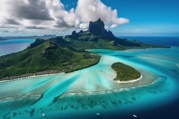 Foto auf Acrylglas Bora Bora, Französisch-Polynesien Foto von einer Drone auf eine Insel wie Bora Bora. Urlaubsinsel von oben in der Ansicht. Sandstrand und klares, blaues Wasser. Urlaubskarte und Hintergrund für Südsee-Reisen. 