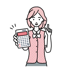 立って電卓を持ってこちらに向けて見せている事務員制服の女性