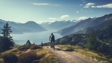 Fototapeta premium Bicyclist riding down a trail, scenic background mountains and lake. Generative AI