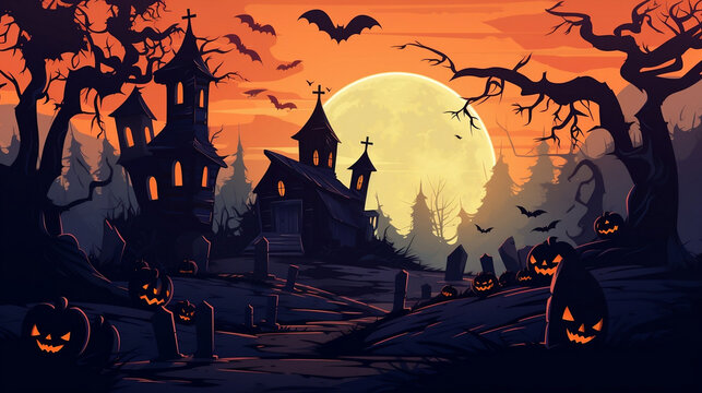 haunted house background childrens book bats flying spooky pumpkin field. Generative AI