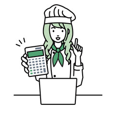 座ってデスクでノートPCを開いて電卓を持ってこちらに向けて見せている調理師の女性