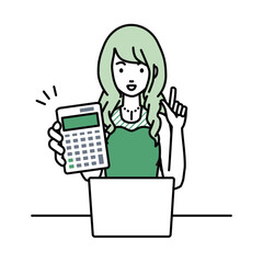 座ってデスクでノートPCを開いて電卓を持ってこちらに向けて見せているドレスの女性