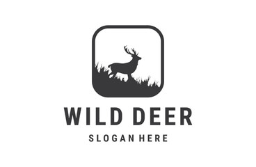 Deer logo line icons. Wild reindeer outdoor brand label. Wildlife stag symbol.