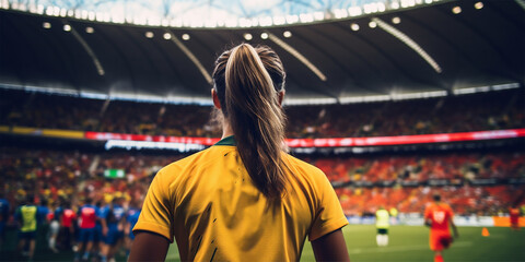 Fototapeta na wymiar Young woman soccer player wearing vivid soccer uniform