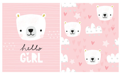 Cute polar bear face on a pink sky background with clouds, hearts and stars, welcome baby girl shower card and seamless pattern set with hello word
